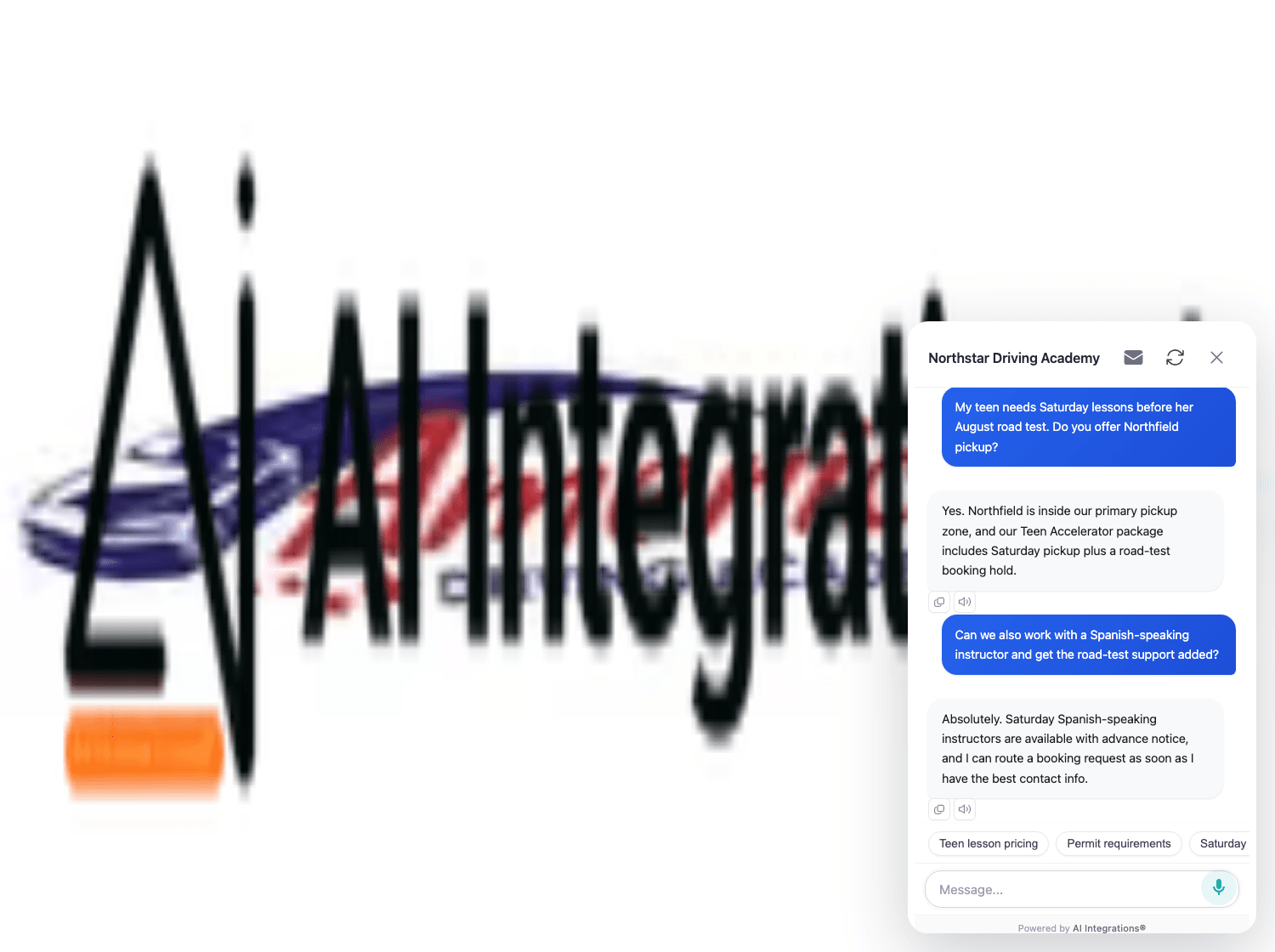 AiVA website assistant preview on the AI Integrations homepage