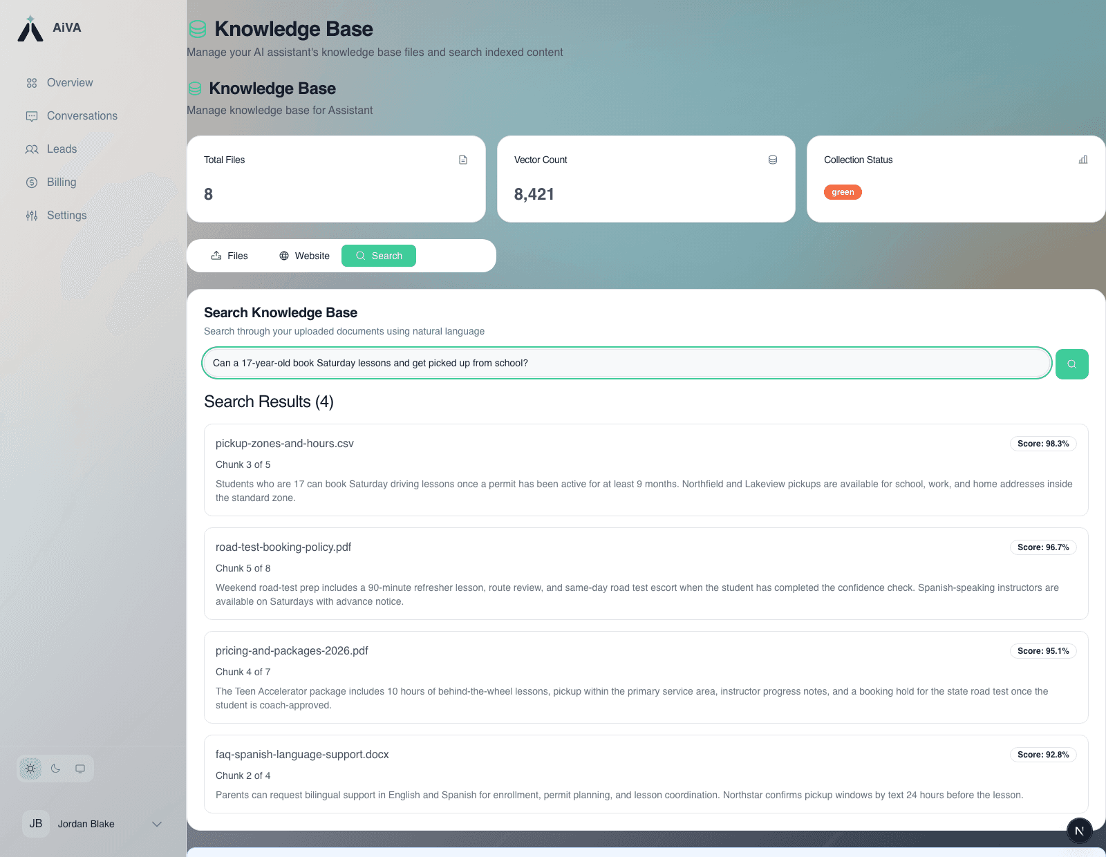 AiVA knowledge base with indexed business files and grounded search results