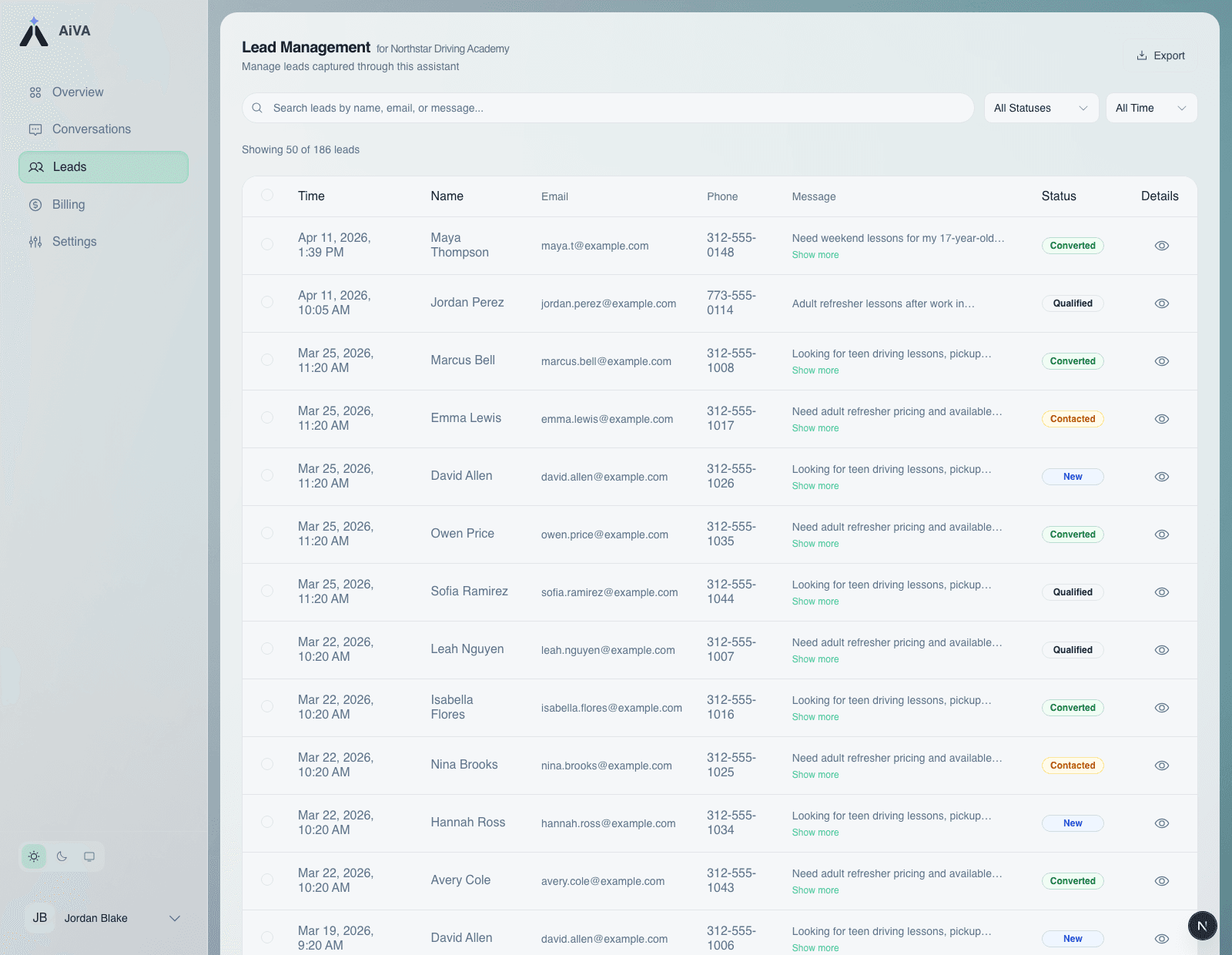 AiVA leads handoff view showing captured lead records moving into a real downstream workflow